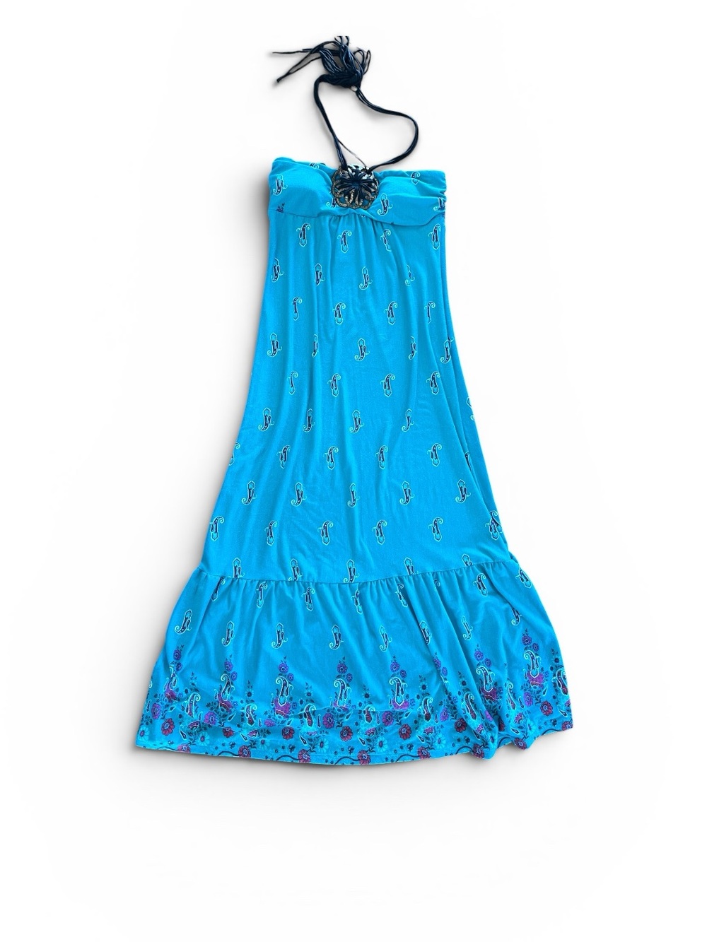 L8teR Turquoise Halter Maxi Dress with Floral Hem